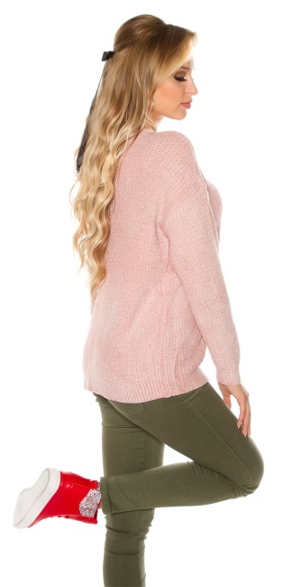 Trendy gebreide sweater-trui met bloemen-print borduurwerk antiekroze